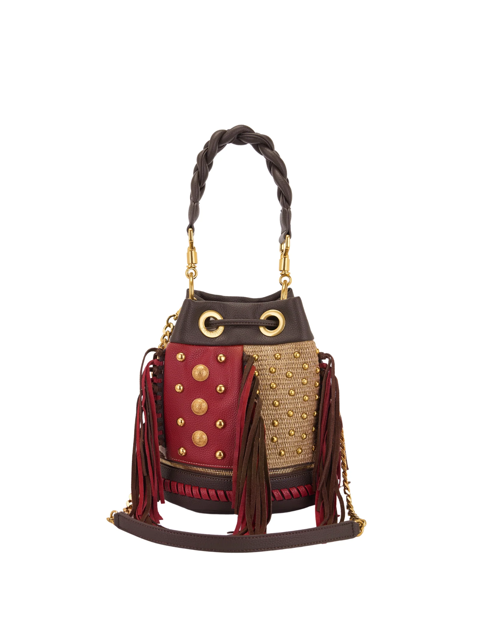 Borsa a secchiello La Carrie Bag marrone intrecciata con borchie - Image 3