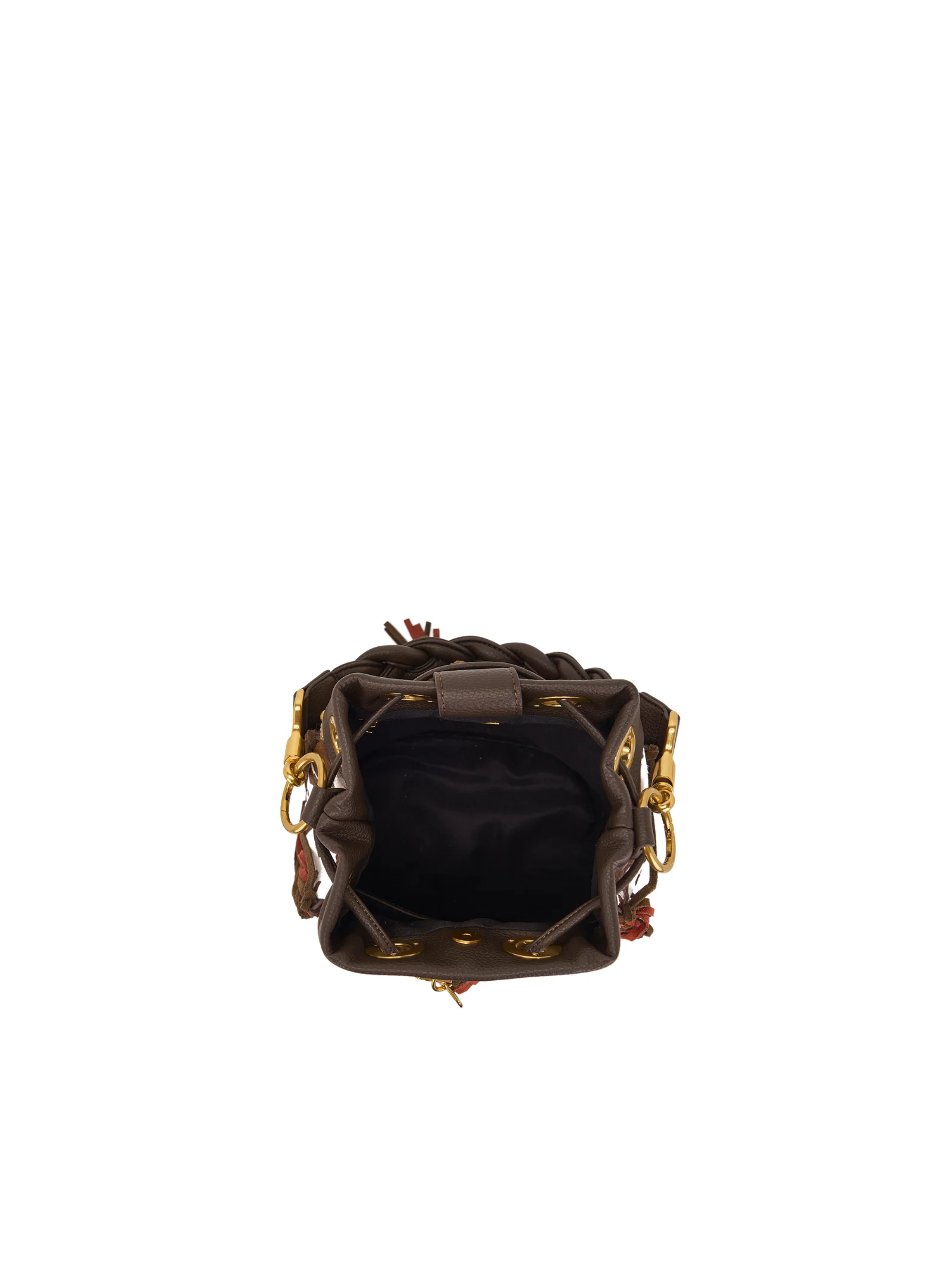 Borsa a secchiello La Carrie Bag marrone intrecciata con borchie - Image 4